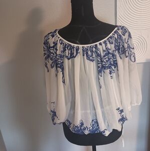 International Concepts White And Blue Patterned Top